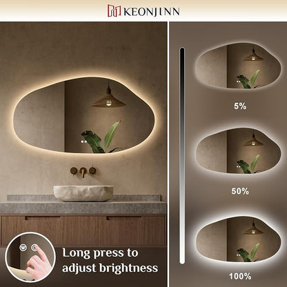 Keonjinn Irregular LED Mirror for Bathroom 55 x 30 Inch, Tempered Glass | Asymmetrical Backlit Bathroom Mirror, Stepless Dimmable with 3 Colors, Fast Defogging, Memory Function, Plug-in/Hardwired