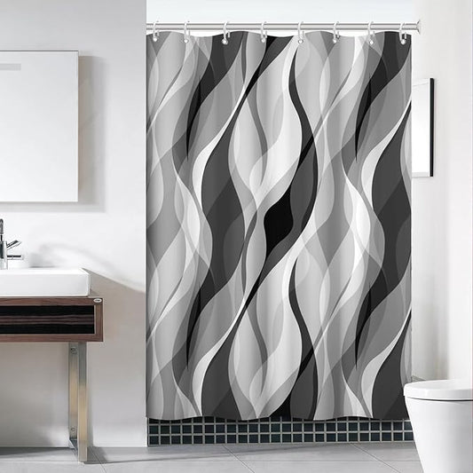Grey Shower Curtain, Modern Abstract Black and Grey Striped Shower Curtain Set for Bathroom Waterproof White Gray Shower Curtain with Hooks, 60x72 Inch