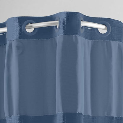Hookless It’s A Snap! Waffle Shower Curtain, 3-in-1 Curtain Includes Fabric Shower Curtain with Sheer Top Window, Flex-On Rings & Fabric Liner with Magnets, 71” x 74”, Navy