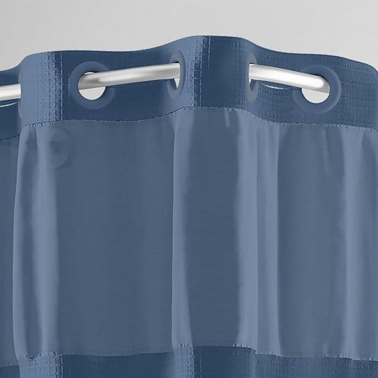 Hookless It’s A Snap! Waffle Shower Curtain, 3-in-1 Curtain Includes Fabric Shower Curtain with Sheer Top Window, Flex-On Rings & Fabric Liner with Magnets, 71” x 74”, Navy