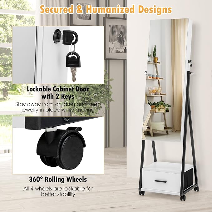 CHARMAID Rolling Jewelry Cabinet with Full Length Mirror, Lockable Standing Jewelry Armoire with Wheels, Steel Legs, Lipstick Brush Storage, Jewelry Organizer Box with Drawers (White)