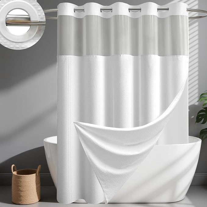 White Hook Free Waffle Shower Curtain & Snap-in Fabric Liner,48x75 | Less Time to install, 3 in 1 Fabric Shower Curtain and Liner Set with Magnets, Stall, Shower Curtains for Bathroom