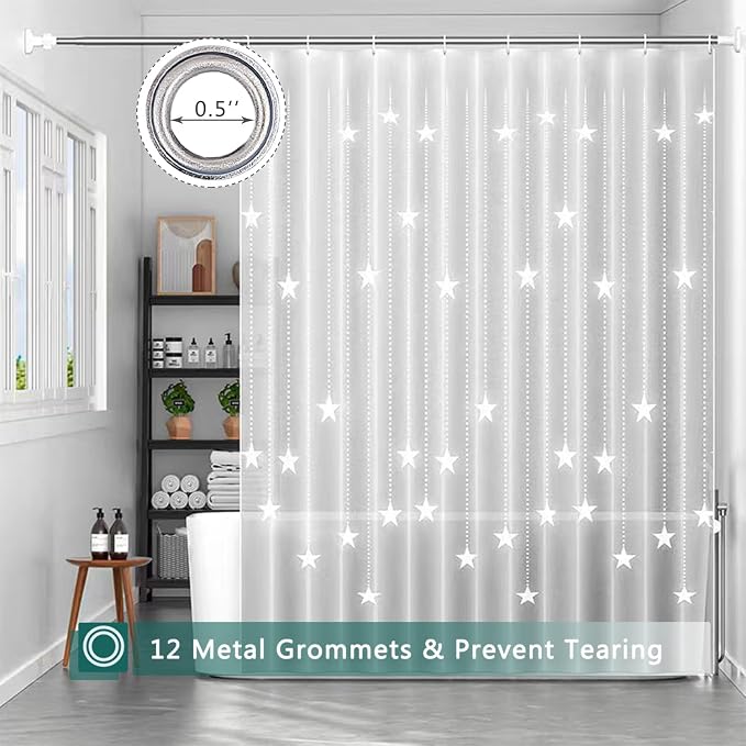 Shower Curtain Liner, White Pentagram Waterproof PEVA Shower Curtains with 3 Duty Heavy Bottom Magnets and 12 Rust Proof Grommets, 72x72 Weighted Shower Liner for Shower Stall, Bathtubs
