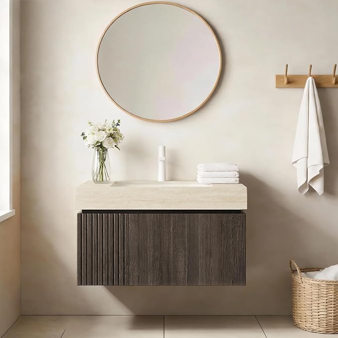 Ambrovina 30" Floating Bathroom Vanity with Sink, Wall Mounted Storage Vanities with Drawer and Door, Roma Travertine-Pattern Countertop and Ceramic Basin, Pre-Assembled Cabinet, Espresso Woodgrain