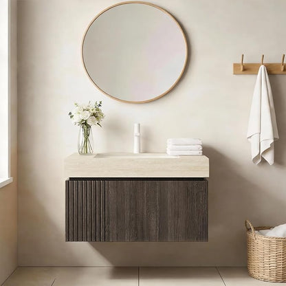Ambrovina 30" Floating Bathroom Vanity with Sink, Wall Mounted Storage Vanities with Drawer and Door, Roma Travertine-Pattern Countertop and Ceramic Basin, Pre-Assembled Cabinet, Espresso Woodgrain
