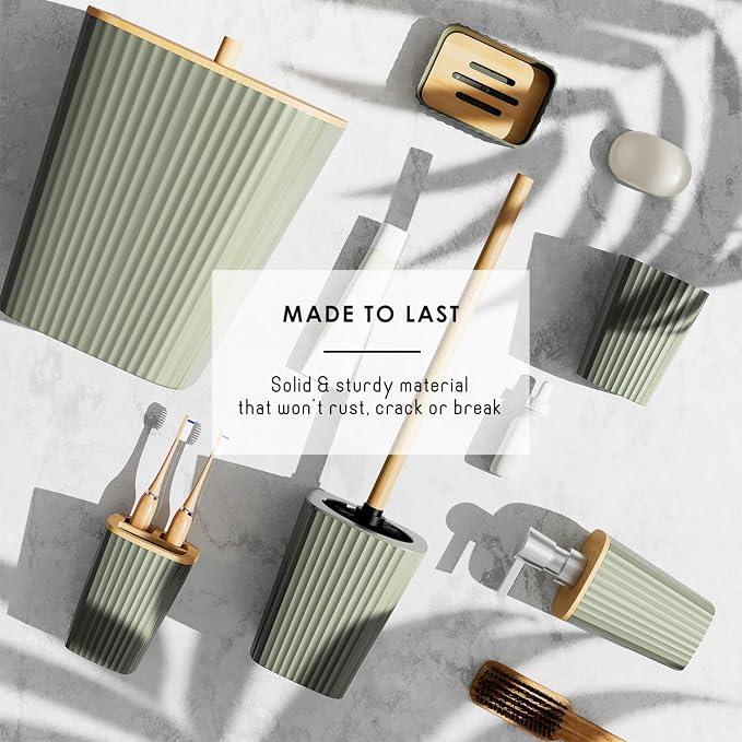 Clara Clark Bathroom Set - Sage Green Bathroom Accessories Set, 6PC Bathroom Accessory Set, Bathroom Sets with Bathroom Rugs, Adhesive Corner Shower Caddy Hanging, Toilet Brush & Trash Can