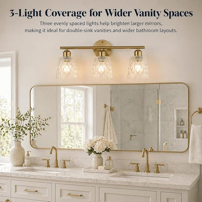 Brushed Gold Bathroom Vanity Light Over Mirror, 3-Light Stainless Steel Bathroom Fixture with Textured Glass Shades, Modern Wall Mount Vanity Lighting, E26 Sockets (Bulbs Not Included)