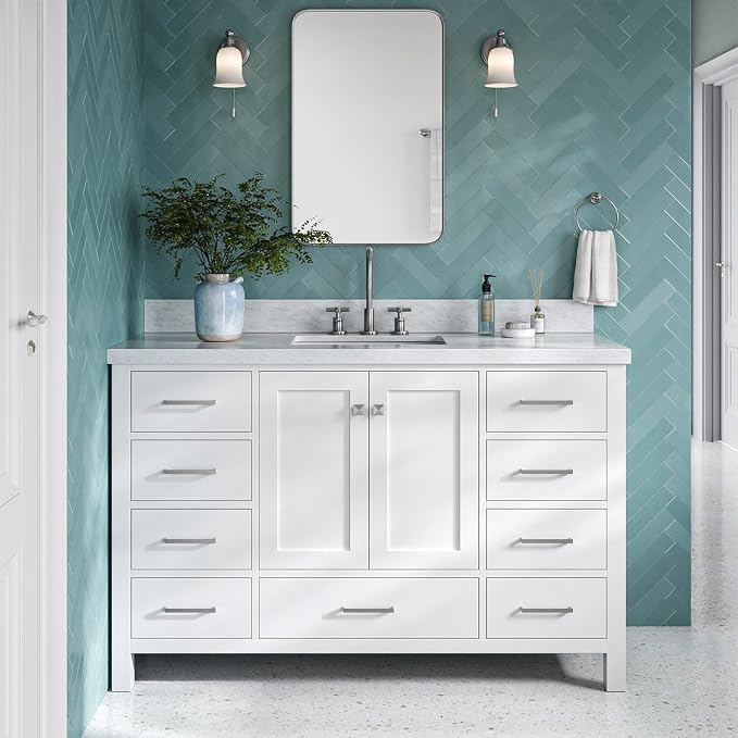 DKB Beckford 54-Inch White Bathroom Vanity with Sink, 1.5" Edge Italian Carrara Marble Countertop & Backsplash, Center Rectangular Sink, 2 Soft Closing Doors, 9 Dovetail Drawers, Brushed Nickel