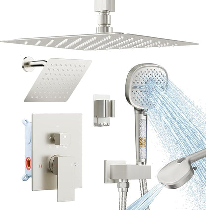 Shower Faucet Set Brushed Nickel Shower System, Dual Head Shower Set STARBATH 12'' Ceiling Mount and 6''Wall Mount Rainfall Shower Systems with Multifunctional Filtered Handheld Sprayer