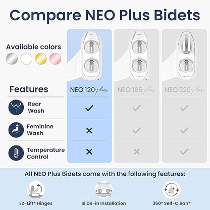 LUXE Bidet NEO 120 Plus - Single Nozzle, Non-Electric Bidet Attachment for Toilet Seat, Patented Slide-In Install, 360° Self-Clean, EZ-Lift to Clean, Rear Wash (Rose Gold)