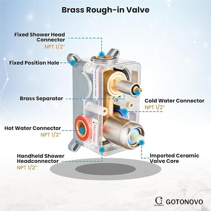 gotonovo High Pressure Shower System Valve and Trim Kit,Brushed Nickel | Round Rain 10 Inch Shower Head with Handheld Faucet Set Complete,Rough In Valve,2-in-1 Diverter,All Metal,Bathroom Wall Mount