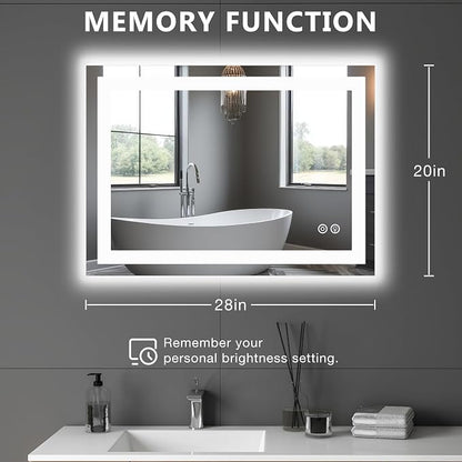 DUMOS 20.1"x28.1" LED Bathroom Mirror, Bathroom Vanity Mirror | Smart Anti-Fog, Front Light and Backlit, 3 Color Temperatures, Dimmable, Memory Function