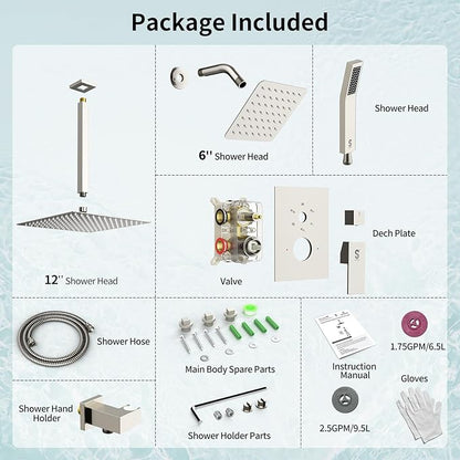 Shower Faucet Set Shower System - SR SUN RISE Brushed Nickel Shower Trim Kit with Dual Shower Head, 12'' Ceiling Rainfall 6'' Wall Mount with Handheld Shower for Couples, Complete 6 Diverter Valve