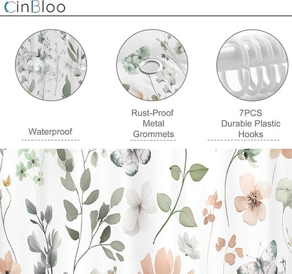 Stall Small Narrow Green Pink Floral Cute Boho Bathroom Shower Curtain Set | 36"W x 72"H Wildflower Watercolor; waterproof HD print, quick-dry fabric and plastic hooks for easy setup.