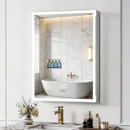 ACEMIRO 24"×32" Bathroom Medicine Cabinet with Mirror, Surface or Recessed Lighted Medicine Cabinet, 3-Color Dimmable Lights, Defogger, Bathroom Mirror with Outlet, Clock&Temp Display, Door Left Open