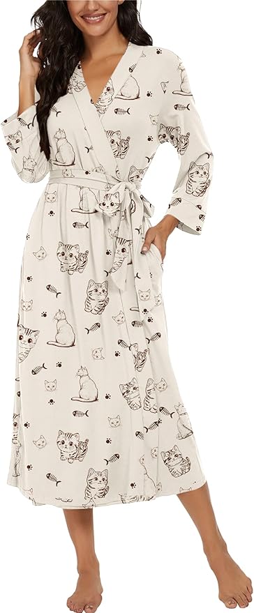 VINTATRE Women Kimono Robes Long Knit Bathrobe Lightweight Soft Knit Sleepwear V-neck Casual Ladies Loungewear