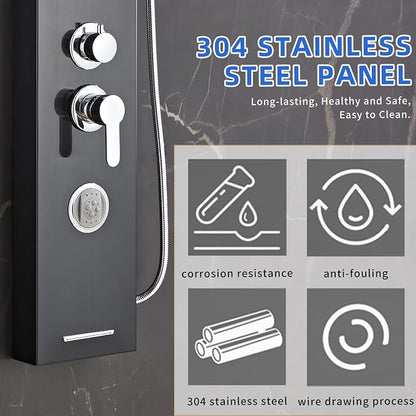 6 in1 Multi-Function Shower Panel Tower System-Brushed Black | 304 stainless steel Shower Panel Column Tower with Powerful Body Massage, Rainfall, Waterfall,Handheld and Tub Spout