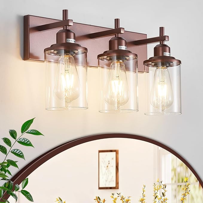 3-Light Bronze Bathroom Light Fixtures Over Mirror,Modern Bathroom Vanity Light with Clear Glass Shade, Wall Sconce for Bathroom Hallway Cabinet Bedroom Kitchen Living Room Foyer E26 Base