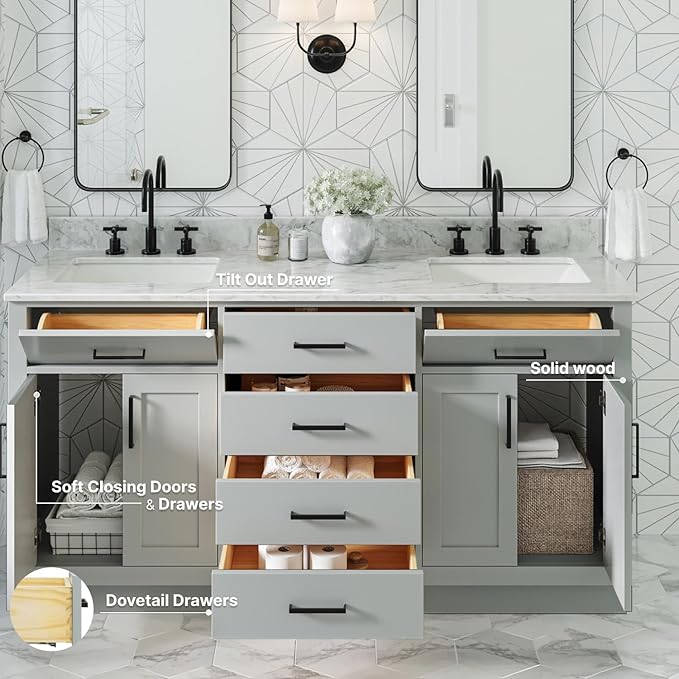 ARIEL Hepburn 66-inch Bathroom Vanity with Sink,Solid Wood, 0.75-inch Italian Carrara Marble Countertop, Double Rectangular Porcelain Sink, 4 Soft Closing Doors, 6 Dovetail Drawers, Grey