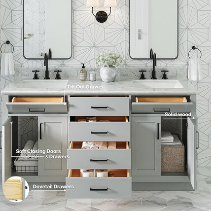 ARIEL Hepburn 66-inch Bathroom Vanity with Sink,Solid Wood, 0.75-inch Italian Carrara Marble Countertop, Double Rectangular Porcelain Sink, 4 Soft Closing Doors, 6 Dovetail Drawers, Grey