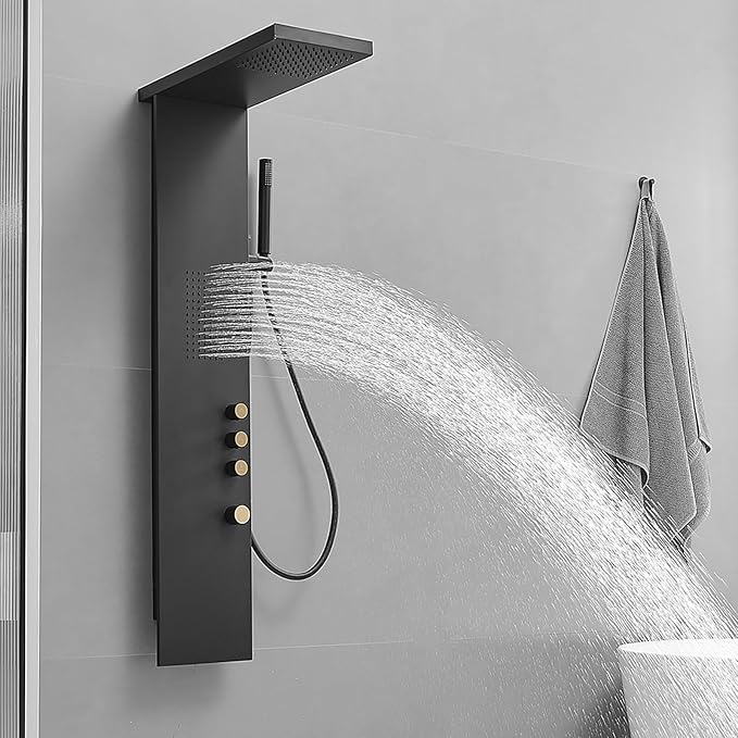 Shower Panel Tower System Stainless Steel Rainfall Shower Massage Body Jets and Handheld Shower System 3-Functions Wall Mount, Black
