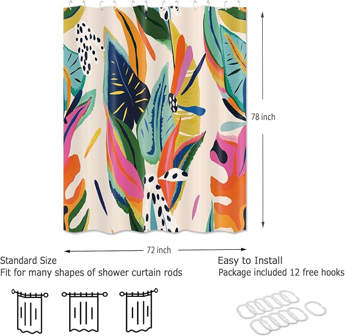 Colorful Abstract Shower Curtain, Floral Boho Modern Asthetic Plant Bathroom Curtain, Waterproof Polyester Fabric Shower Curtain Set with Hooks 72x78 Inch