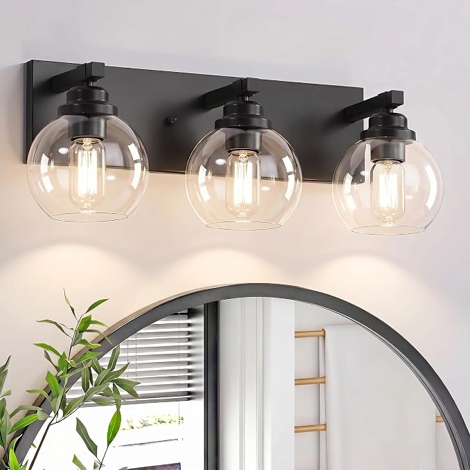 LmnLvn Farmhouse 3-Light Vanity Light, Matte Black Metal with Glass Shade | Rustic Mirror Mount Fixture Over Mirror, Easy To Install, Ideal Decor for Bathroom, Bedroom, Hallway & Living Room