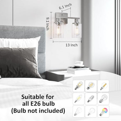 Brushed Nickel Bathroom Light Fixtures Over Mirror,2-Light Bathroom Vanity Light with Clear Glass Shade,Modern Farmhouse Wall Sconces Lighting for Mirror Kitchen Living Room Cabinet