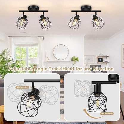 2-Lights Kitchen Light Fixtures Ceiling Mount, Adjustable Semi Flush Mount Ceiling Light with Metal Wire Cage, Vintage Track Spotlight Ceiling Fixtures for Dining Room, Farmhouse, Entryway