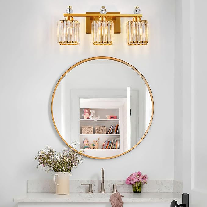 Bathroom Vanity Lights 3-Light Modern Crystal Vanity Light Gold Bathroom Light Fixtures Over Mirror Crystal Bathroom Vanity Lighting Fixtures