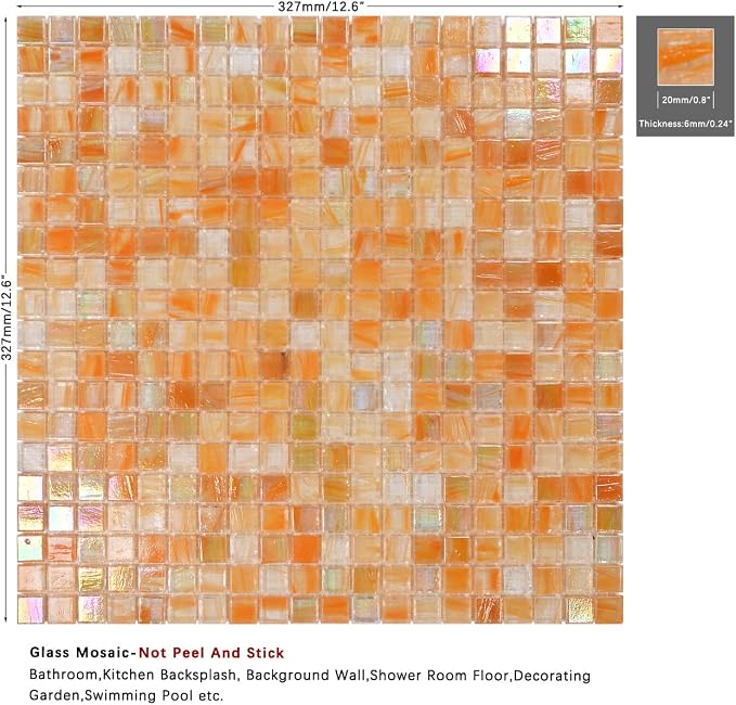 5.75 Sq.Ft Iridescent Orange Glass Mosaic Tile for Bathroom, Backsplash | Waterproof Wall & Floor Tile. Heat & frost resistant outdoors, Swimming Pool, Fireplace, Restaurants, Hotels, Laundry, 10pcs.