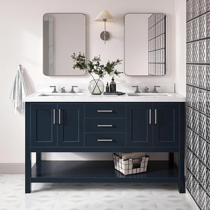 DKB Olivia 60" Midnight Blue Double Bathroom Vanity, 1.5" Pure White Quartz Countertop, Rectangular Undermount Sinks, 4 Soft Closing Doors, 3 Full Extension Dovetail Drawers