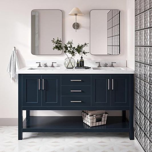 DKB Olivia 60" Midnight Blue Double Bathroom Vanity, 1.5" Pure White Quartz Countertop, Rectangular Undermount Sinks, 4 Soft Closing Doors, 3 Full Extension Dovetail Drawers