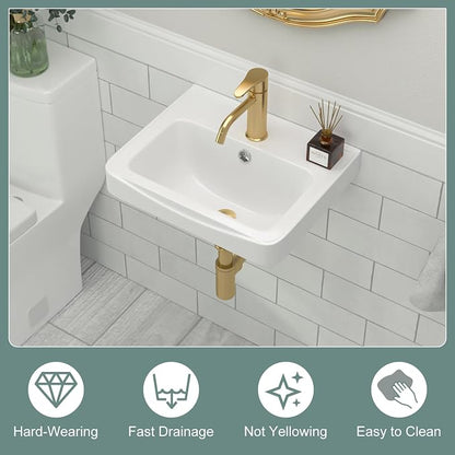 Wall Mount Vessel Sink | Beslend 17x14 Inch White Ceramic Vessel Sink, Rectangular White Art Hand Wash Basin with Overflow and Hole, Space-Saving