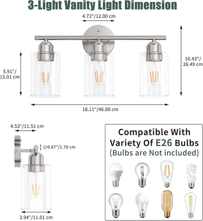 Espird Bathroom Vanity Light Fixtures Brushed Nickel, 3 Lights Bathroom Over Mirror, UL Certified, Modern Wall Lighting Fixtures with Glass Shade, E26 Socket