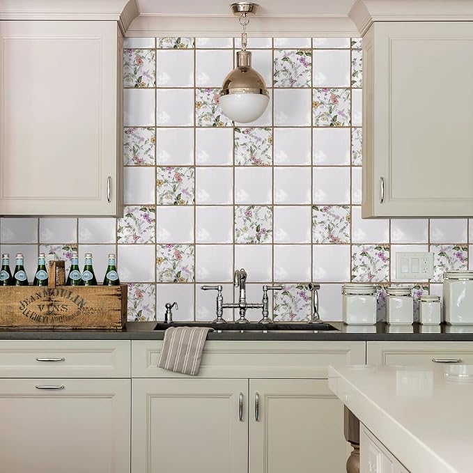 Alwayspon Vinyl Sticker Peel and Stick, Self-Adhesive Wall Tile Transfers Backsplash Sticker Decal for Kitchen Bathroom, 6x6inch/15x15cm 30Pcs, Purple Floral T040