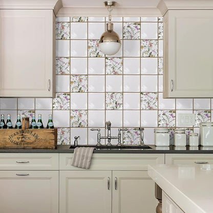 Alwayspon Vinyl Sticker Peel and Stick, Self-Adhesive Wall Tile Transfers Backsplash Sticker Decal for Kitchen Bathroom, 6x6inch/15x15cm 30Pcs, Purple Floral T040