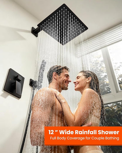 gotonovo Tub Shower Faucet Set with Valve 12'' Rain Head,Oil Rubbed Bronze | Waterfall Tub Spout Shower System,Bathtub Faucet Set,SUS304 Rain Head with Handheld,Brass Valve Trim Kit,All Metal,Wall Mount