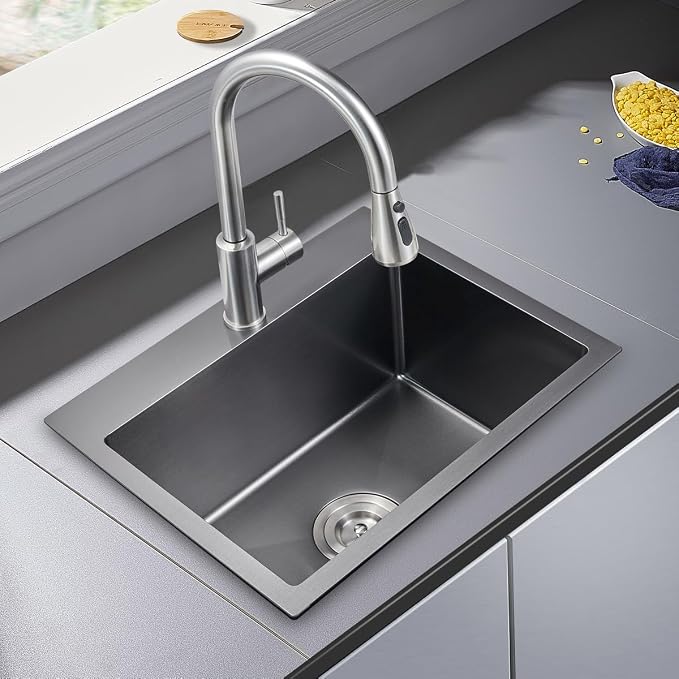 20 x 16 Inch Drop in Kitchen Sink 18 Gauge Stainless Steel | Single Bowl Topmount Bar Sink, Black Finish, Compact Basin for Small Kitchen, RV and Prep Area