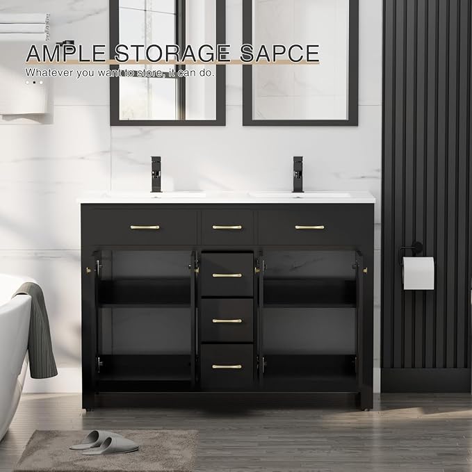 LUCKWIND 48" Modern Bathroom Vanity with Sink Combo, Contemporary Painted Storage Cabinet and Double White Sink, Include Soft-Closing Doors & Matte Black Faucet, Black