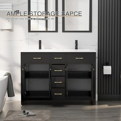 LUCKWIND 48" Modern Bathroom Vanity with Sink Combo, Contemporary Painted Storage Cabinet and Double White Sink, Include Soft-Closing Doors & Matte Black Faucet, Black