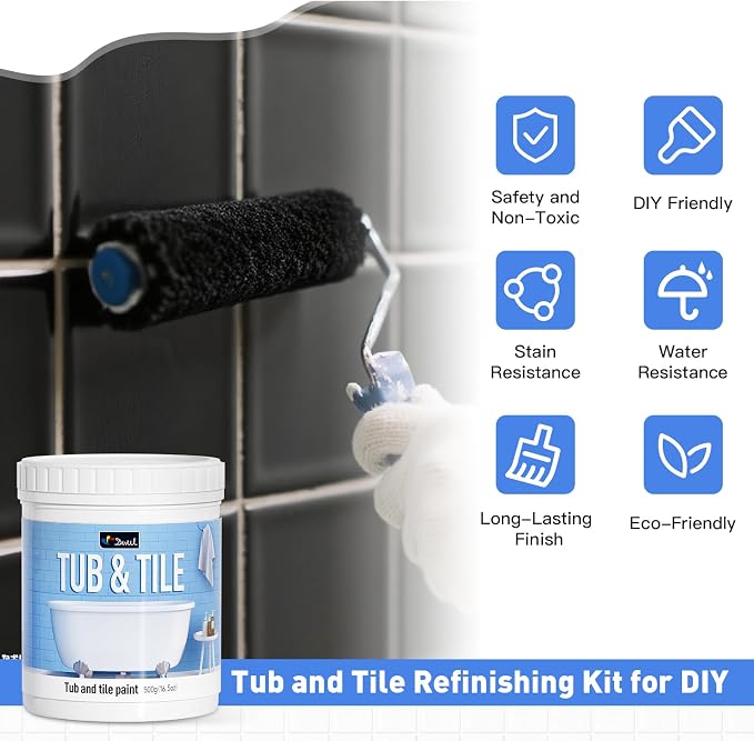 DWIL Tile Paint, Tub and Tile Refinishing Kit with Tools, Bathtub Paint Water Based &Low Odor, Easy to Use for Bathroom Kitchen, Semi-Gloss Black, 25-30sq.ft