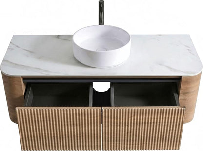 48" Preassembled Floating Bathroom Vanity with Round Sink, Oak | Mid-Century Modern Style, Fluted & Soft-Close Drawer with U-shaped Wall, Sinterted Stone Countertop, Towel Rack Included