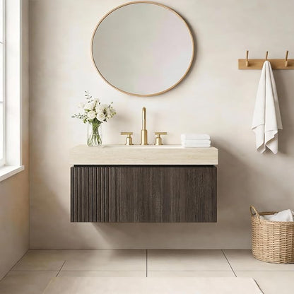 Ambrovina 36" Floating Bathroom Vanity with Sink, Modern Plywood Storage Vanities with Drawer and Door, Roma Travertine-Pattern Countertop with 3 Pre-drilled Faucet Holes Ceramic Basin, Espresso