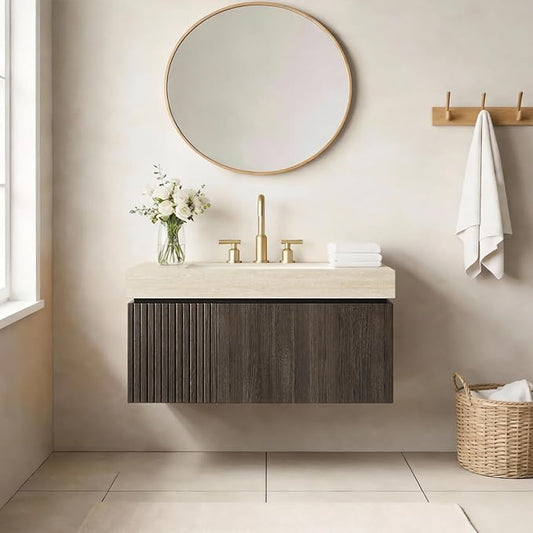 Ambrovina 36" Floating Bathroom Vanity with Sink, Modern Plywood Storage Vanities with Drawer and Door, Roma Travertine-Pattern Countertop with 3 Pre-drilled Faucet Holes Ceramic Basin, Espresso