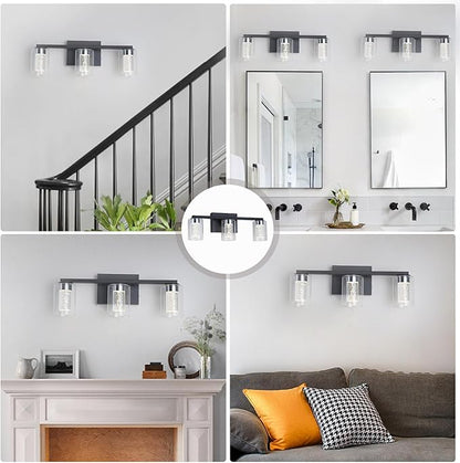3-Light Bathroom Light Fixtures, Black Modern Vanity Lights with Clear Glass Shade, Bathroom Wall Lamp with Crystal Bubble for Mirror Kitchen Living Room Hallway