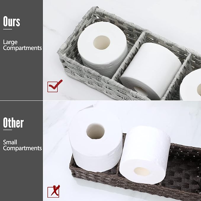 [Larger Compartments] Toilet Tank Topper Paper Basket - Multiuse Hand Woven Plastic Wicker Basket with Divider for Organizing, Rustic Farmhouse Bathroom Decor, Countertop Organizer Storage, Gray Wash
