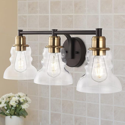 JONATHAN Y 25.5" Brass Gold/Oil Rubbed Bronze Modern Industrial Rustic 3-Light LED Vanity Light with Clear Glass Shade, Vintage Wall Sconce for Bathroom Kitchen Hallway, LED Bulb Included (JYL3546A)