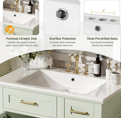 Favfurish 30" Bathroom Vanity with Ceramic Sink, Modern Storage Cabinet with Soft-Close Doors,Deep Drawer & Standard Drawer, Stylish Bath Vanity for Small Bathroom,Easy Assembly,Green
