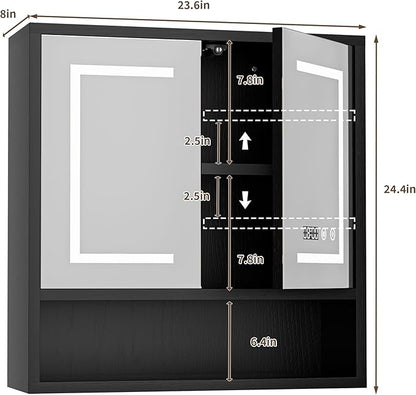Bathroom Medicine Cabinet with Mirror, Lighted Storage Cabinet Wall Mounted with Doors & Adjustable Wood Shelf, Modern Bathroom Mirror with LED Lights Defogger for Makeup Laundry/Living Room, Black